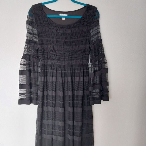 M.S.S.P. Max Studio Mesh Stripe Dress with Smocking and Flare Sleeves - Picture 3 of 9